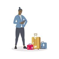 zakelijke zwarte man aan het werk op de luchthaven en zijn bagage naast hem op geïsoleerde witte achtergrond. vector