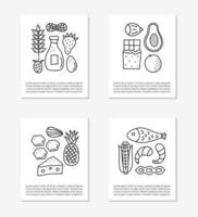 kaarten met doodle overzicht voedselallergenen pictogrammen, waaronder vis, zeevruchten, kaas, melk, tarwe, eieren, citrus, honing, chocolade, fruit. ruimte voor tekst. vector