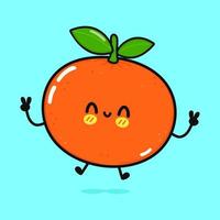 leuke grappige springende mandarijn. vector hand getekend cartoon kawaii karakter illustratie pictogram. geïsoleerd op blauwe achtergrond. mandarijn concept