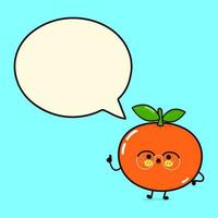 leuke grappige mandarijn met tekstballon. vector hand getekend cartoon kawaii karakter illustratie pictogram. geïsoleerd op blauwe achtergrond. mandarijn karakter concept