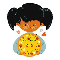 jong schattig grappig meisje houdt pizza in de hand. meisje knuffelt schattige pizza. vector hand getrokken doodle stijl cartoon karakter illustratie pictogram ontwerp. geïsoleerd op witte achtergrond