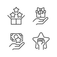 effectieve verkoopstrategie pixel perfecte lineaire iconen set. bundel service. gratis geschenk. contante bonus. motivatie. aanpasbare dunne lijn symbolen. geïsoleerde vectoroverzichtsillustraties. bewerkbare streek vector