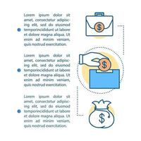 financiering artikel pagina vector sjabloon. manieren om investeringen aan te trekken. brochure, tijdschrift, boekje ontwerpelement met lineaire pictogrammen en tekstvakken. print ontwerp. conceptillustraties met tekstruimte