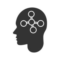 menselijk hoofd met molecuul glyph icoon. scheikundige, bioloog. chemische technologie. silhouet symbool. neurochemie. negatieve ruimte. vector geïsoleerde illustratie