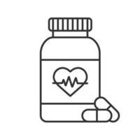 pillen fles met hart lineaire pictogram. medicijnen. dunne lijn illustratie. cardio-supplement. contour symbool. vector geïsoleerde overzichtstekening