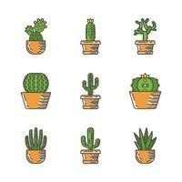 cactussen in potten kleur pictogrammen instellen. Mexicaanse tropische flora. vetplanten. stekelige planten. cactussen tuin collectie. geïsoleerde vectorillustraties vector