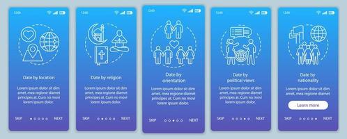 online dating onboarding mobiele app pagina scherm vector sjabloon. datum op locatie, religie, geaardheid, nationaliteit website-instructies met lineaire illustraties. ux, ui, gui smartphone-interface