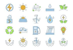 alternatieve energiebronnen gekleurde pictogrammen instellen. eco-kracht. hernieuwbare bronnen. water, zonne-, thermische, windenergie. geïsoleerde vectorillustraties vector