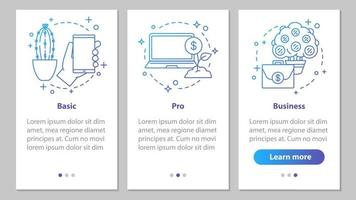 bedrijfsontwikkeling onboarding mobiele app paginascherm met lineaire concepten. basis, professionele opties. financiële diensten. zakelijke software. stappen grafische instructies. ux, ui, gui vectorillustraties vector