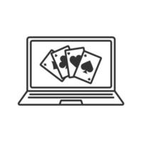 online casino lineair pictogram. laptopscherm met vier azen. dunne lijn illustratie. contour symbool. vector geïsoleerde overzichtstekening