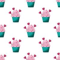 naadloos cupcakepatroon met roze room en hartvormige snoepjes. vectorillustratie op een witte achtergrond vector