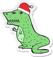 sticker van een cartoondinosaurus in kerstmuts vector