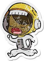 verontruste sticker van een cartoon-astronautvrouw die rent vector