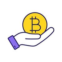 open hand met bitcoin munt kleur icoon. bitcoins kopen of verkopen. cryptogeld. geïsoleerde vectorillustratie vector