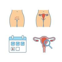 gynaecologie gekleurde pictogrammen instellen. genitale uitslag, vrouwelijk voortplantingssysteem, menstruatiekalender, gynaecologisch onderzoek. geïsoleerde vectorillustraties vector