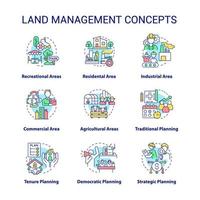 landbeheer concept pictogrammen instellen. recreatieve en woonwijken idee dunne lijn kleurenillustraties. strategisch plan. geïsoleerde symbolen. bewerkbare streek. vector