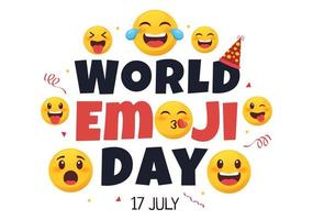 wereld emoji-dagviering met evenementen en productreleases in verschillende gezichtsuitdrukkingen, schattige cartoonvorm in platte achtergrondillustratie vector