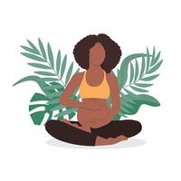 zwangere Afrikaanse gelukkige vrouw mediteren in de natuur en bladeren. concept illustratie voor yoga, meditatie, ontspannen, gezonde levensstijl. vector illustratie