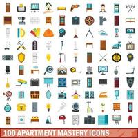 100 appartement meesterschap iconen set, vlakke stijl vector