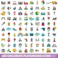 100 kinderspeelplaats iconen set, cartoon stijl vector