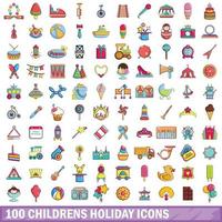 100 kindervakantie iconen set, cartoon stijl vector