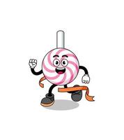 mascotte cartoon van lolly-spiraal die op de finishlijn loopt vector