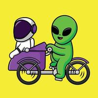 schattig alien en astronaut rijden pedicap fiets cartoon vector pictogram illustratie. wetenschap transport pictogram concept geïsoleerd premium vector