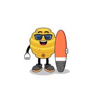 mascotte cartoon van bijenkorf als surfer vector