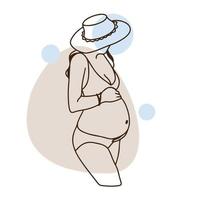 zwanger meisje in een zwempak, met een hoed, ronde en grote buik, zwangerschap, strandseizoen, doodle vector