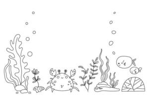 onderwaterwereld met zeewier, krab, vis in zee of oceaan. onderzeese achtergrond met plaats voor tekst. schets stijl zeebodem landschap met mariene flora en fauna. handgetekende vectorillustratie vector