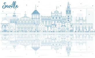 schets de skyline van Sevilla met blauwe gebouwen en reflecties. vector