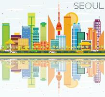 seoul skyline met kleur gebouwen, blauwe lucht en reflecties. vector