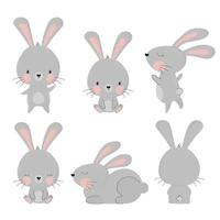 grote reeks schattige grijze handgetekende konijntjes. vectorillustratie. grijze haas zitten en leugens. dierlijke stripfiguur voor mode voor kinderen, peuters en baby's. paashaas