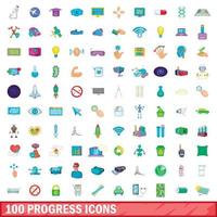 100 voortgang iconen set, cartoon stijl vector