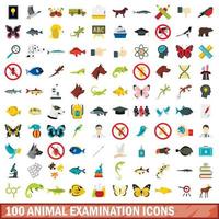 100 dierenonderzoek iconen set, vlakke stijl vector