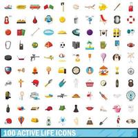 100 actief leven iconen set, cartoon stijl vector