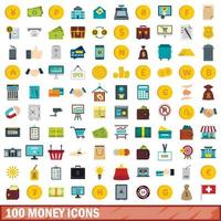 100 geld iconen set, vlakke stijl vector