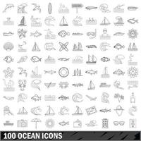 100 oceaan iconen set, Kaderstijl vector