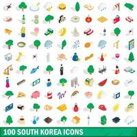 100 zuid-korea iconen set, isometrische 3D-stijl vector