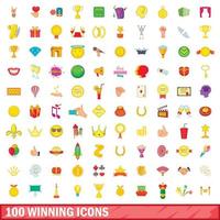 100 winnende iconen set, cartoon stijl vector