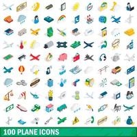 100 vliegtuig iconen set, isometrische 3D-stijl vector