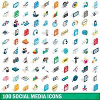 100 sociale media iconen set, isometrische 3D-stijl vector