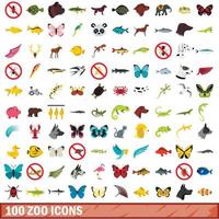 100 dierentuin iconen set, vlakke stijl vector