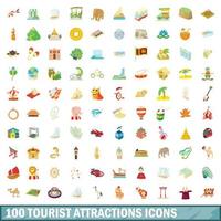 100 toeristische attractie iconen set, cartoon stijl vector