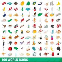 100 wereld iconen set, isometrische 3D-stijl vector