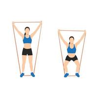 vrouw doet overhead squat met lange weerstandsband oefening. platte vectorillustratie geïsoleerd op een witte achtergrond vector