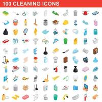 100 schoonmaak iconen set, isometrische 3D-stijl vector