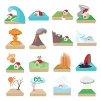 natuurramp iconen set, cartoon stijl vector