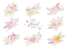 aquarel handgeschilderde illustratie mooie roze bloem botanisch blad en vlinder collectie set voor liefde bruiloft valentijnsdag of arrangement uitnodiging ontwerp wenskaart vector