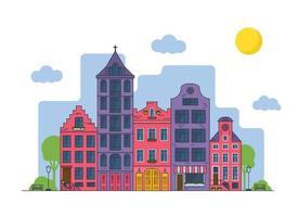 amsterdam stadsgezicht op zonnige dag. oude huizen met kerk en café vector